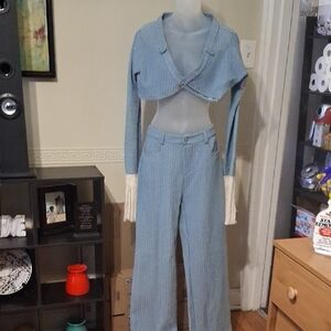 Blue Cropped Jacket and Pants Set with Fringe *(LIGHT DENIM)